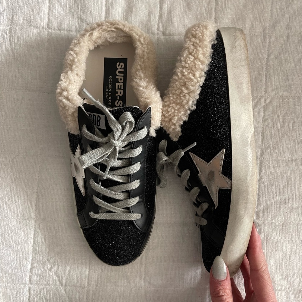 Golden Goose Sabot Slide Black Shimmer Sneakers Shearling Detail and Lining.